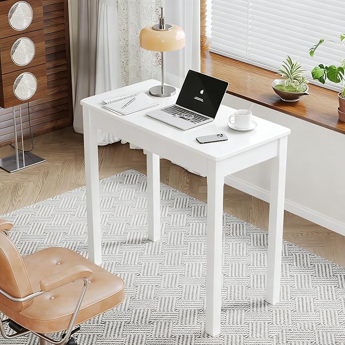 Solid Wood Desk with Drawers - 32 x 16 Inch Simple Narrow Desks, Rubber Wood Study Table, Small Writing Desk for Bedroom|Small Spaces - Modern White Desks