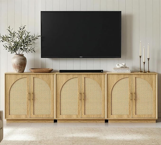 FORTUNETEC Sideboard Buffet Cabinet with Storage Set of 3, Modern Accent Cabinet with Rattan Arched Doors, Modular Media Console, Boho Credenza for Living Room Kitchen Dining Room Entryway, Oak