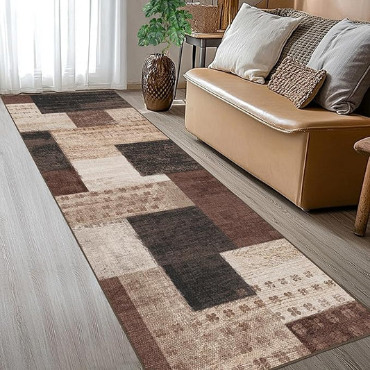 Modern Geometric Patchwork Indoor Runner Rug for Living Room, Chocolate 2.7'x 8' Rug Rockwood Collection Hardwood Floors Decor for Bedroom, Brown Throw Carpet for Office Entryway Dining Room