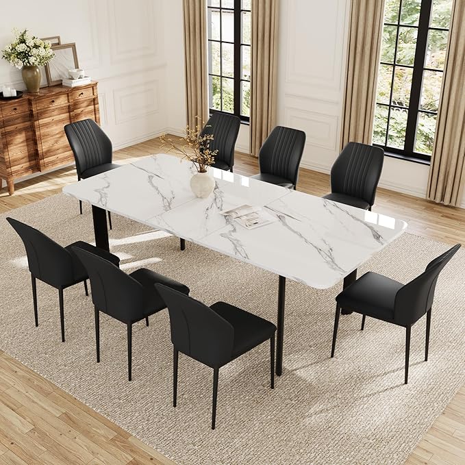 Extendable Dining Table Set for 6-8 People, 63 to 78.7 Inch MDF Kitchen Table with 8 Faux Leather Dining Chairs, Space-Saving for Dining Room, Breakfast Nook (White Table & 8 Black Chairs)