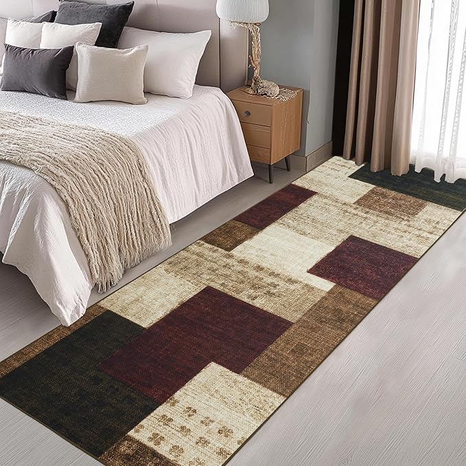 Modern Geometric Patchwork Indoor Runner Rug for Living Room, Red 2.7'x 10' Rug Rockwood Collection Hardwood Floors Decor for Bedroom, Burgundy Throw Carpet for Office Entryway Dining Room