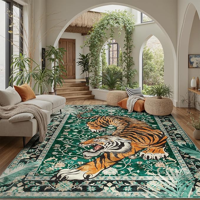 DCX Washable 9x12 Tiger Area Rug, Green Vintage Animal Rug for Living Room, Soft Low Pile Carpet, Kid & Pet Friendly with Rubber Back Non Slip, Stain Resistant Rug for Bedroom Dining Room Office