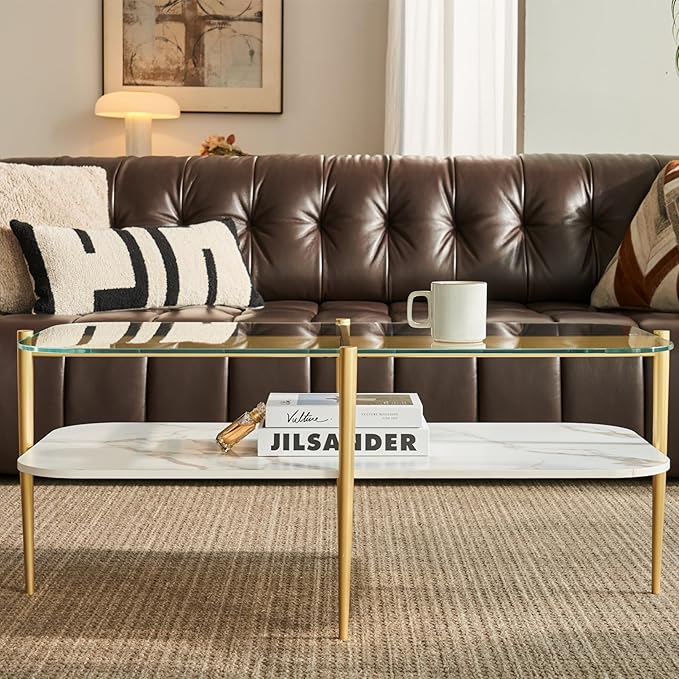 Saint Mossi Oval Glass Coffee Table for Living Room, Mid Century Center Table, Clear Glass & White MDF Bottom Shelf with Rounded Corners, L41xW21xH17, Gold Table Legs