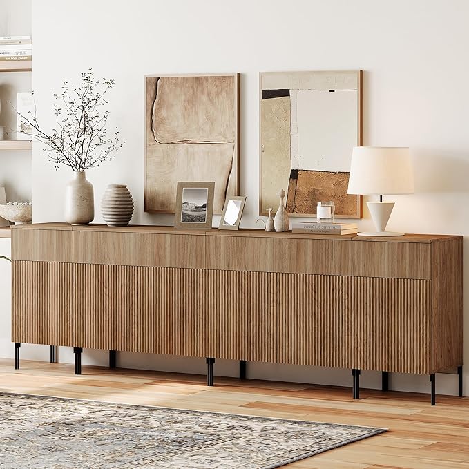 WAMPAT 94.5" Large Sideboard Buffet Cabinet with 4 Drawers & 5 Doors, 4-in-1 Fluted Storage Cabinet with Charging Station, Modern Buffet Table Coffee Bar Wine Bar Cabinet for Dining Room,Brown