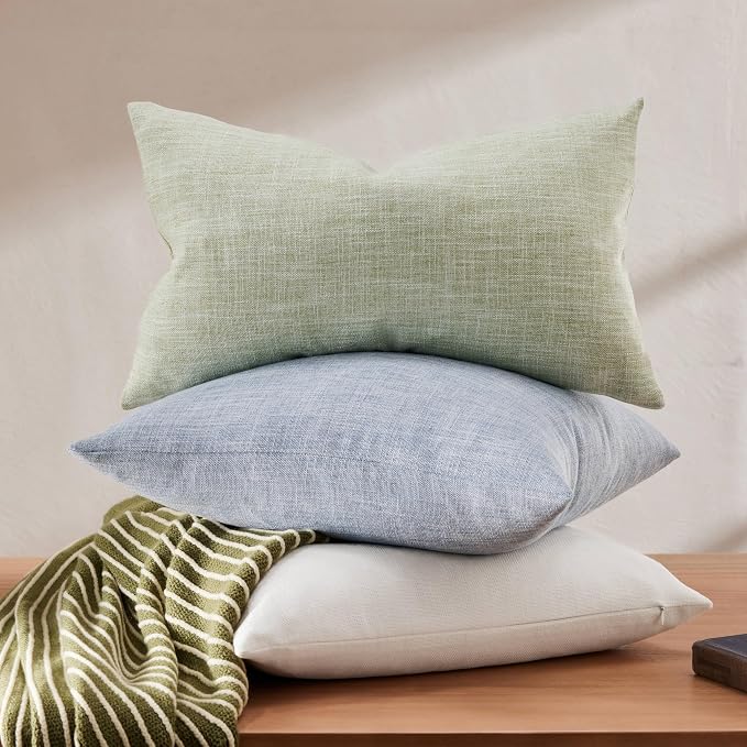 ZeeMart Rustic Cotton Linen Lumbar Throw Pillow Covers Set of 2, 12x20 Inch Green, Farmhouse Style Decorative Couch Pillow Cases Sage Green Cushion Covers for Sofa Bed Living Room Home Decor