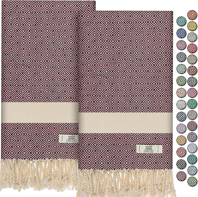 Hand Towels - Set of 2 | 18" x 30" - Decorative Turkish Hand Towel for Bathroom, Kitchen, Guest, Face, Hair, Tea, Dishcloth (Diamond, Claret Red)