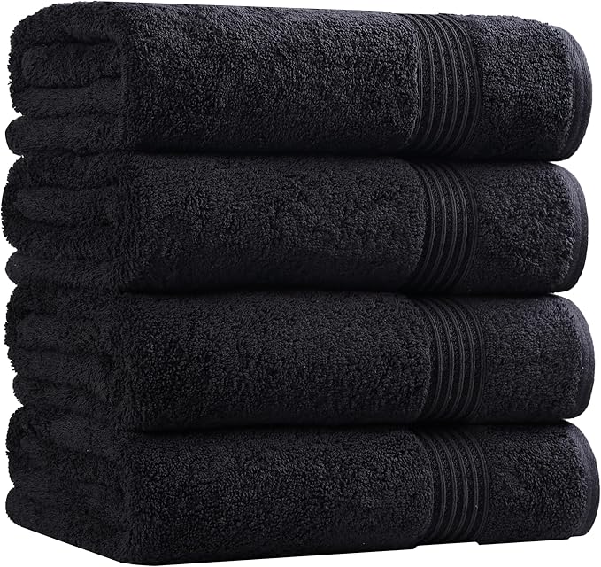 Superior Heritage Egyptian Cotton Bath Towel Set, Large Body Towels for Home Bathroom, Master, Guest Bath Decor, Plush, Absorbent Basics, Spa, Hotel, Resort, Luxury Essentials, Set of 4, Black