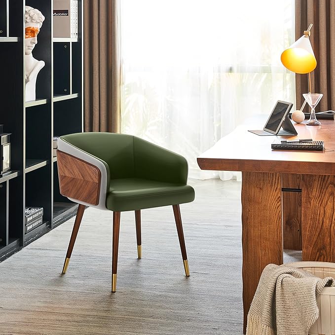 ARTPLAN Modern Upholsted Accent Dining Chairs,Mid-Century Faux Leather with Walnut for Kitchen,Office Waiting Room Arm Sitting Chair, Beech Legs Dissassembly Adjustable Feet,Avocado