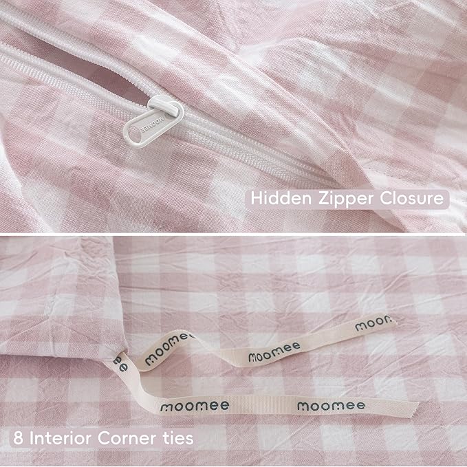 MooMee Gingham Duvet Cover Set 100% Washed Cotton Linen Like Textured Breathable Durable Soft Comfy Modern Checkered Design (Classic Gingham Greyish Pink, Full 80"x90")