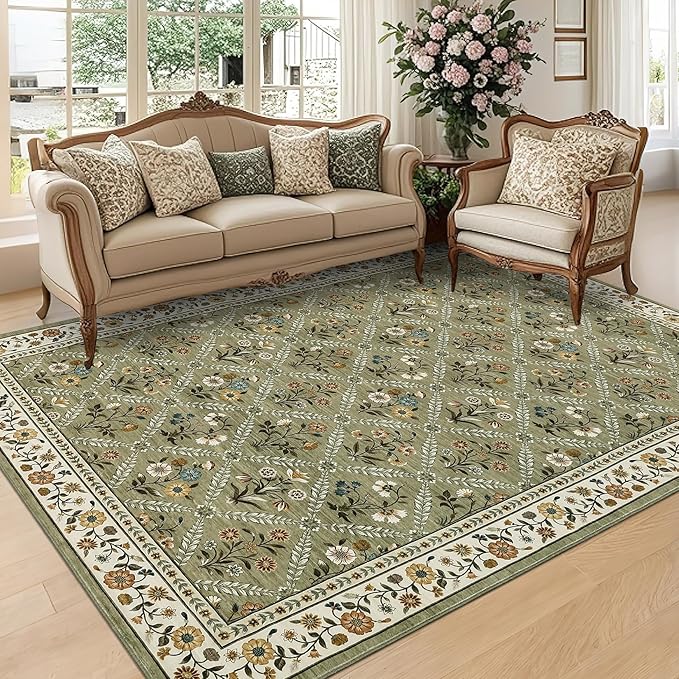 GarveeHome Large Entryway Rug 3x5 Floral Washable Area Rugs Vintage Soft Non-Slip Small Floor Carpet Doormat Stain Resistant Low-Pile Ultra-Thin Entry Mat for Bedside Kitchen Green