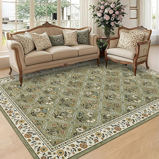 GarveeHome Large Entryway Rug 3x5 Floral Washable Area Rugs Vintage Soft Non-Slip Small Floor Carpet Doormat Stain Resistant Low-Pile Ultra-Thin Entry Mat for Bedside Kitchen Green