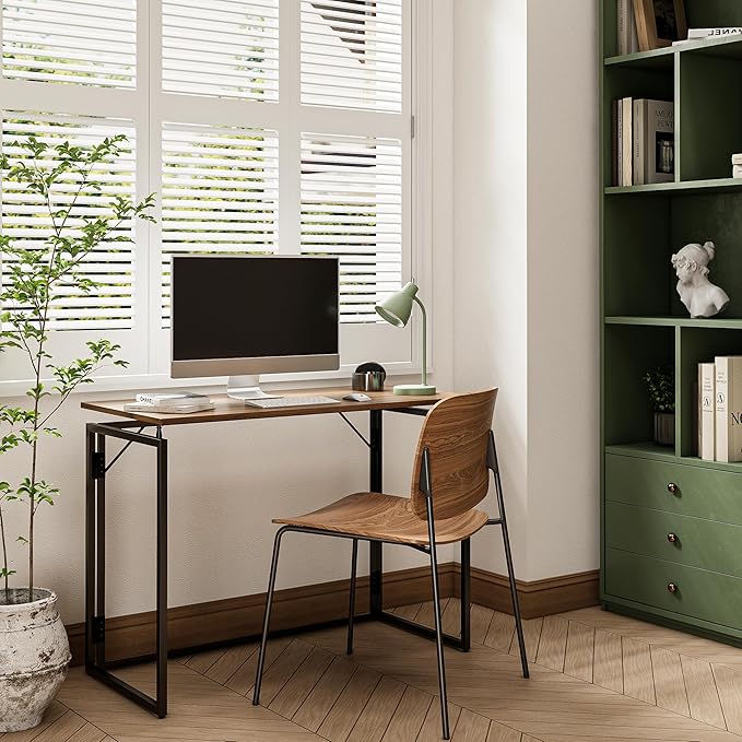 alawooder Folding Desk - 39.4” Wood Top Foldable Desk for Small Spaces | No Assembly Required Compact Desk for Home Office, Writing, and Study