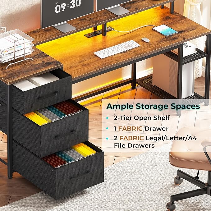 SEDETA 59" Office Desk with Drawers, Reversible Computer Desk with File Drawers & Storage, Gaming Desk with LED Lights & Power Outlet, Home Office Desks for Printer, Rustic Brown