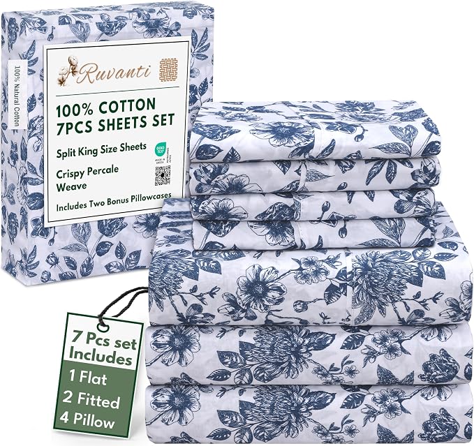 RUVANTI 7 Pcs Cotton Sheets - 100% Natural Cotton Soft, Lightweight & Breathable Crispy Percale Bed Sheets, Split King Sheets for Adjustable Bed 16" Deep Pockets, Wild Flower
