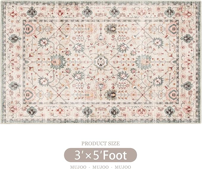 MUJOO Washable Rug 3'x5' Pink,Boho Small Area Rugs for Entryway Bedroom Living Room Kitchen,Non Slip Carpet Indoor,Vintage Soft Green and Blush Floral Rug