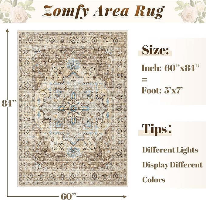 Area Rug 5x7 Vintage Rug: Washable Indoor Medallion Rugs Low Pile Distressed Floor Carpet Retro Accent Rug for Living Room Bedroom Kitchen Dining Table Home Office(Brown/Blue, 5'x7')