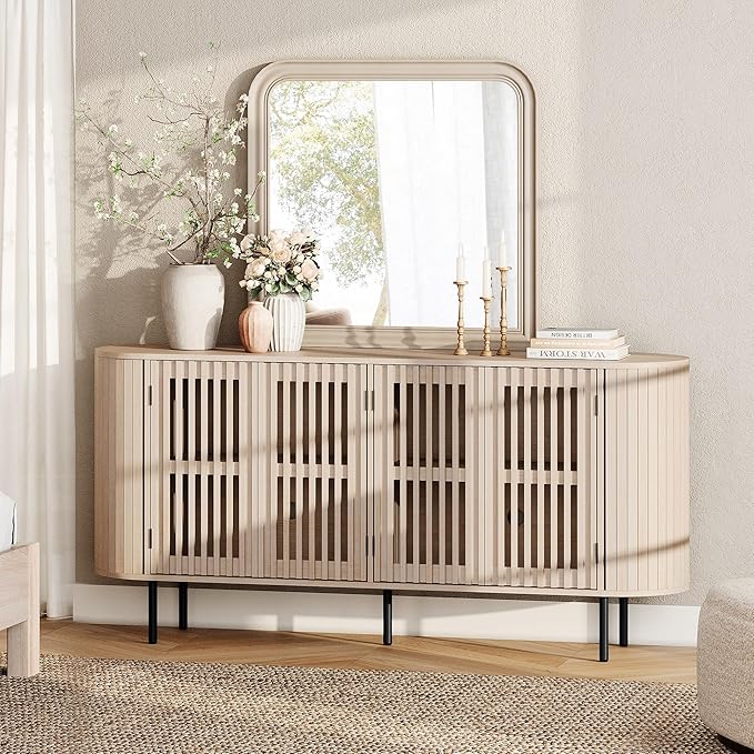 WAMPAT Sideboard Buffet Cabinet with 4 Fluted Doors, 64" Wood Accent Storage Cabinet with Curved Design, Mid-Centery Modern Credenza for Dining Room, Kitchen, Hallway, Natural