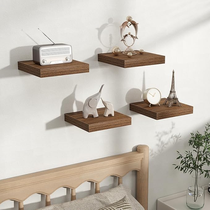 Fun Memories Rustic Wood Floating Shelves for Wall, Space-Saving Wall Mounted Shelves for Bathroom, Bedroom, Living Room and Kitchen, Stylish Storage & Display (Set of 4, Walnut, 9.3 in)