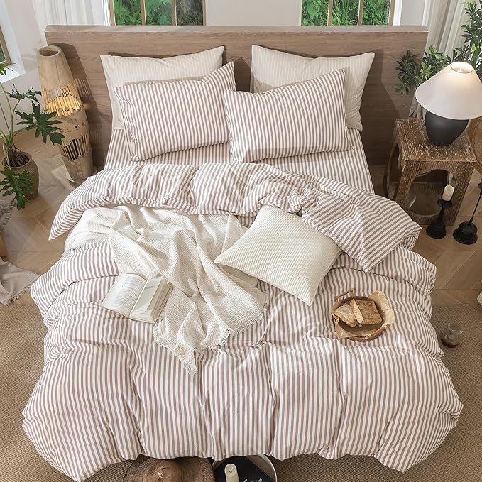 MooMee Striped Duvet Cover Set 100% Washed Cotton Linen Like Textured Breathable Durable Soft Comfy (Orange Classic Stripes, Super King 108"x98")