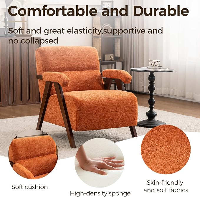 Accent Chair Set of 2 Mid Century Modern Living Room Chairs with Thick Cushion Comfy Upholstered Armchair Cozy Small Side Chairs for Reading Room Bedroom Orange