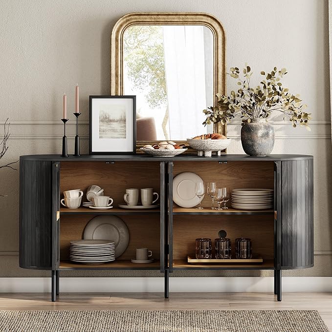 WAMPAT Sideboard Buffet Cabinet with 4 Fluted Doors, 64" Wood Accent Storage Cabinet with Curved Design, Mid-Centery Modern Credenza for Dining Room, Kitchen, Hallway, Black