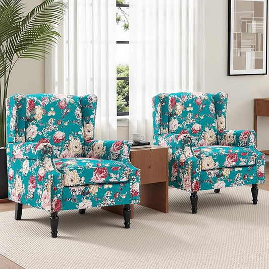 Wingback Chairs Set of 2, High Back Floral Accent Chair in Fabric, Comfy Upholstered Armchair with Nailhead Trim for Living Room, Single Sofa Reading Chair for Small Spaces, Bedroom-Peaock Blue