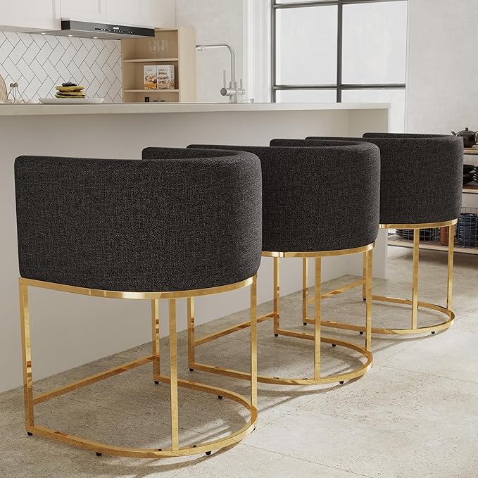 Contemporary Charcoal Linen Bar Stool, 24" Upholstered Fabric Counter Height Barstool Kitchen Counter Island Stool with Screwed Together Golden Metal Base