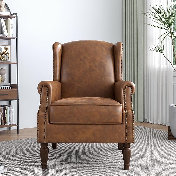 Lumibee Accent Chair, Faux Leather High Back Armchair or Living Room, Comfy Upholstered Single Sofa Reading Chair with Solid Wood Legs for Office, Bedroom, Waiting Room-Brown