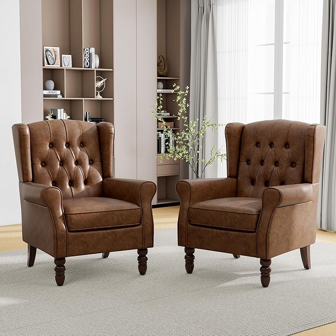 Mid-Century Modern Wingback Accent Chair - Luxe PU Faux Leather Upholstery with Solid Wood Legs, Ergonomic High Back Design - Water Resistant Living Room, Bedroom & Home Office Chair (Brown)