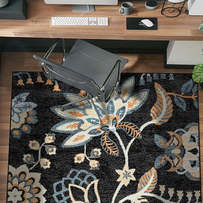 Rugshop Black Floral Area Rug 5x7 – Colorful Botanical Indoor Carpet for Living Room, Bedroom, or Dining Room – Soft Low-Pile, Non-Shedding Traditional Rug 5' x 7'