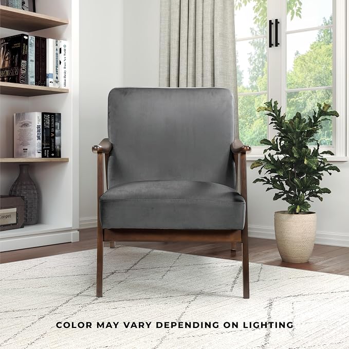 Lexicon Mid Century Modern Chair Velvet Accent Chair for Living Room Chair w/Solid Wood Armrests and Legs, Cushioned Seat and Backrest, Reading Chair and Lounge Chair for Bedrooms/Studios, Dark Grey