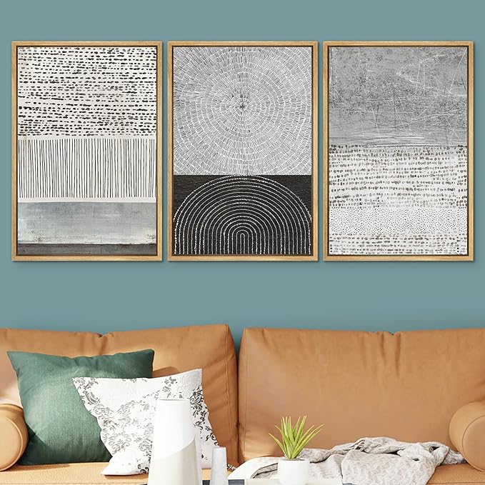 SIGNWIN Framed Canvas Print Wall Art Set Industrial Black & Gray Collage Abstract Geometric Illustrations Minimalism Modern Art Decorative Boho for Living Room, Bedroom, Office - 24"x36"x3 Natural