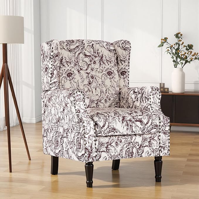High Back Floral Accent Chair, Fabric Wingback Chair Upholstered Armchair for Living Room - Rococo Plum