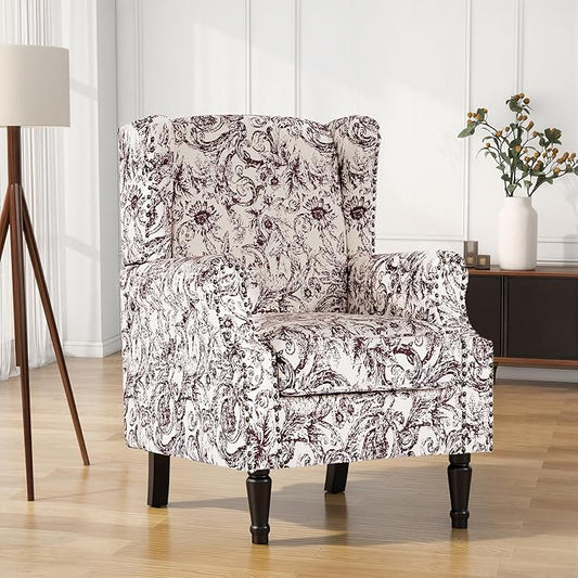 High Back Floral Accent Chair, Fabric Wingback Chair Upholstered Armchair for Living Room - Rococo Plum