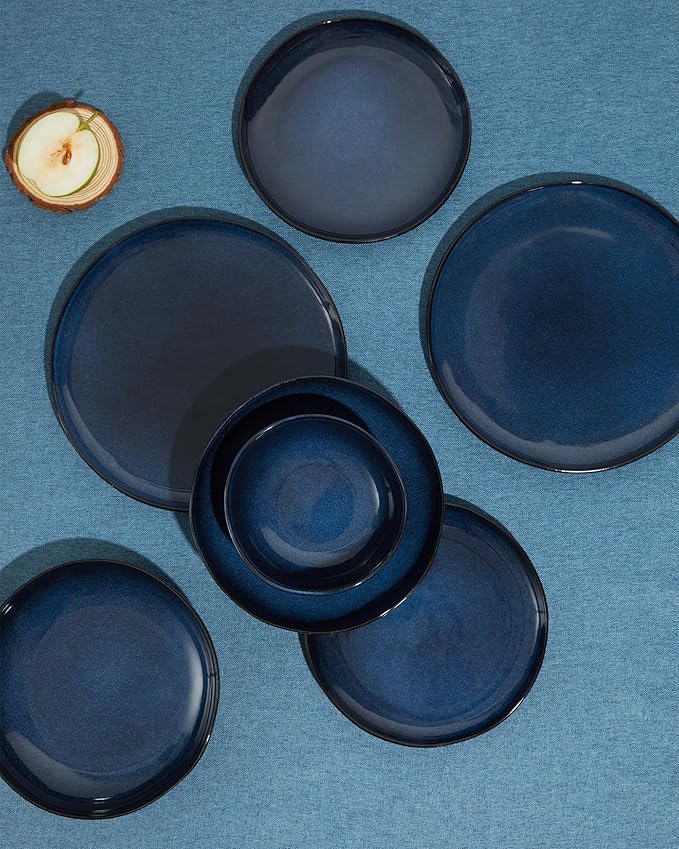 Pokini Plates and Bowls Sets, 16 Pieces Dinnerware Set for 4 with Pasta Bowls, Handmade Dishes Set, Chip Resistant Dishware Sets, Microwave Safe Dinner Set, Designed for Interactive Meals, Starry Blue