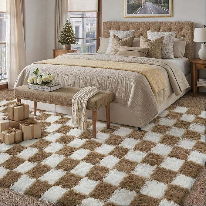 Checkered Rug 8x10 for Living Room, Beige and White Modern Shag Rug Washable Non-Slip Large Area Rug Super Soft Indoor Fuzzy Carpet Fluffy Rugs for Bedroom Home Aesthetic Decor