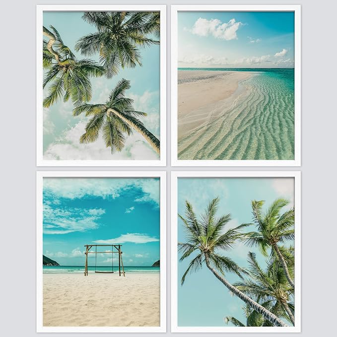 SIGNWIN Framed White Topical Teal Sky Palm Tree Beach Ocean Seaside Wall Art, Set of 4 Landscape Colorful Wall Decor Prints, Nature Wilderness Wall Décor for Living Room, Bedroom - 8"x10" White