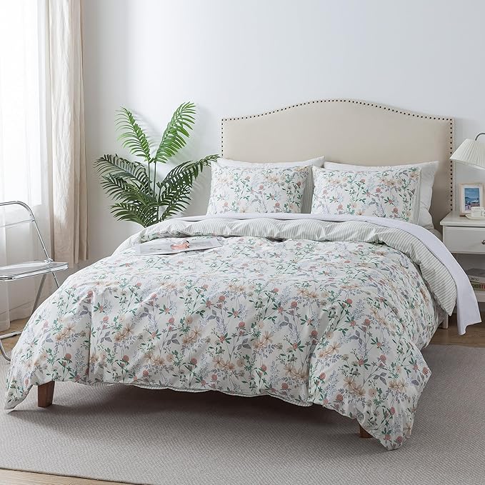 HoneiLife Duvet Dover Queen Size - 100% Cotton Comforter Cover, Breathable Bedlinen for Set for Queen Beds, 3-PC Wildflower Comforter Cover Sets,Desert Rose
