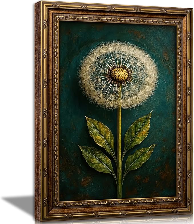 Vintage Gold Framed Dandelion Canvas Wall Art, Teal Background Botanical Oil Painting Print, Retro Moody Botanical Picture Poster， Country Farmhouse Wall Decor，for Home Living Room Bedroom，9x11in