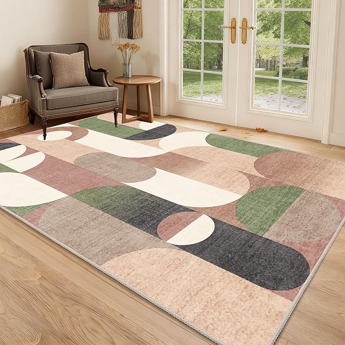 Modern Rug 3x5 Washable Area Rugs for Bedroom Living Room Kitchen Entryway Bedside,Small Retro Rust Orange Geometric Non Slip Carpet