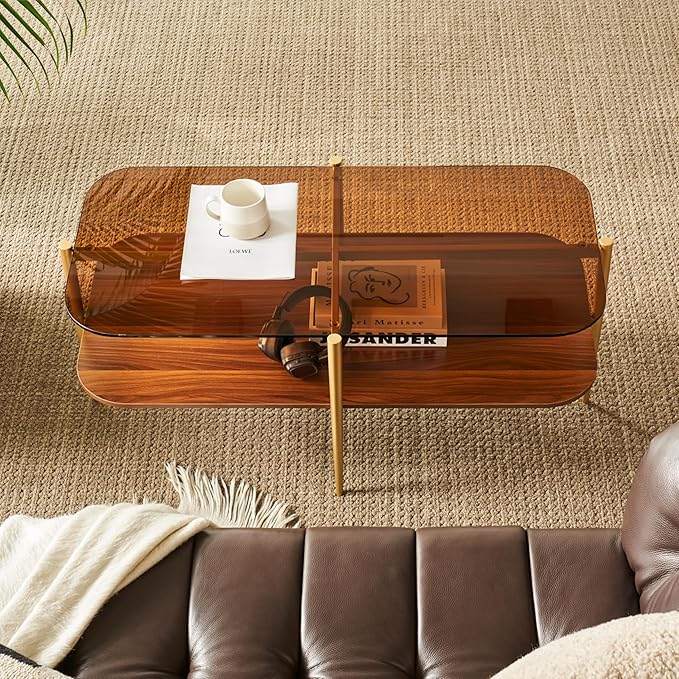 Saint Mossi Oval Glass Coffee Table for Living Room, Mid Century Modern Center Table, Brown Glass & Coffee Brown MDF Bottom Shelf with Rounded Corners, L41xW21xH17