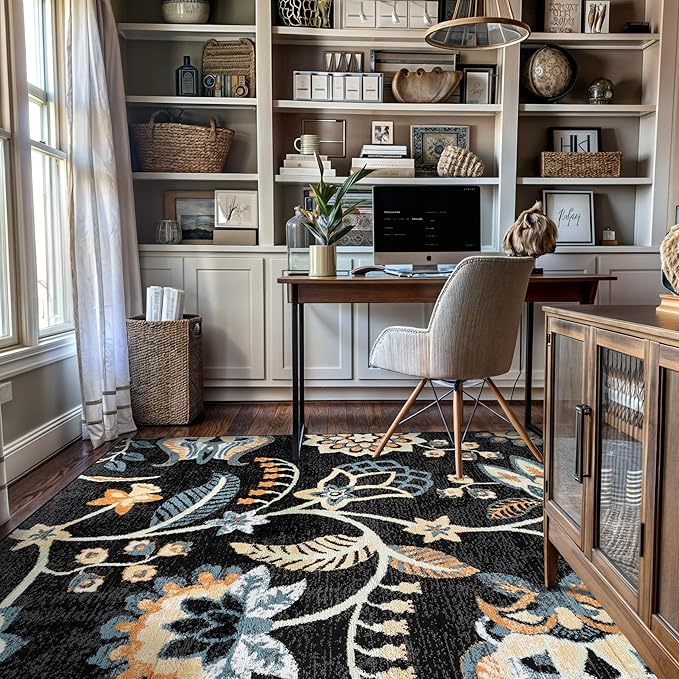 Rugshop Black Floral Area Rug 5x7 – Colorful Botanical Indoor Carpet for Living Room, Bedroom, or Dining Room – Soft Low-Pile, Non-Shedding Traditional Rug 5' x 7'