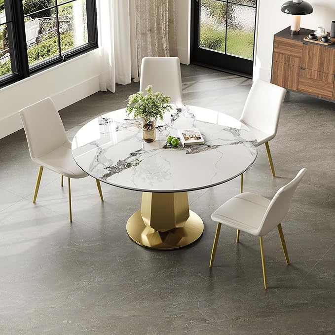 Montary 53 inch Luxury Round Dining Table Set with Sintered Stone Top & Gold Stainless Steel Base, Modern 5-Piece Kitchen Set for 4-8 People, Dining Table with 4 White PU Chairs, Easy Assembly