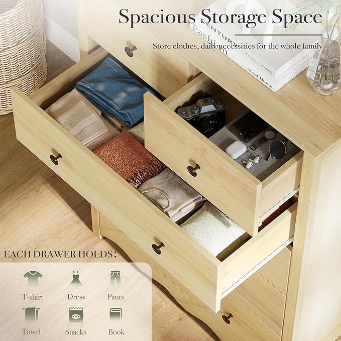 Dresser for Bedroom with 6 Drawers, 44” Tall Modern Wood Dresser Chest of Drawers with Metal Handle, Farmhouse Natural Solid Wooden Dressers Organizer for Living Room, Hallway