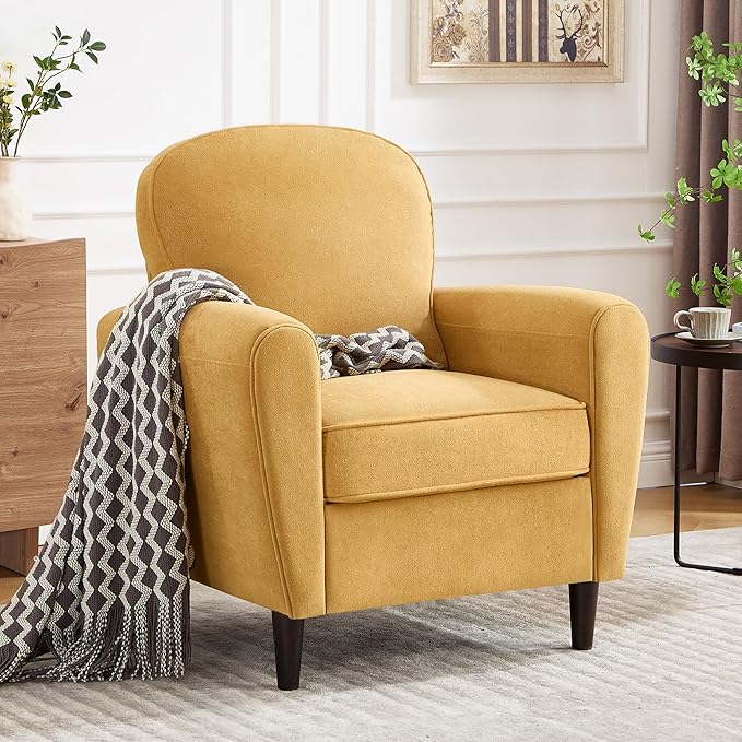 Accent Chair Set of 2, Mid Century Modern Arm Chair with Thick Cushion and Back, Comfy Upholstered Reading Chair Single Sofa Chair for Living Room, Bedroom, Club, Yellow