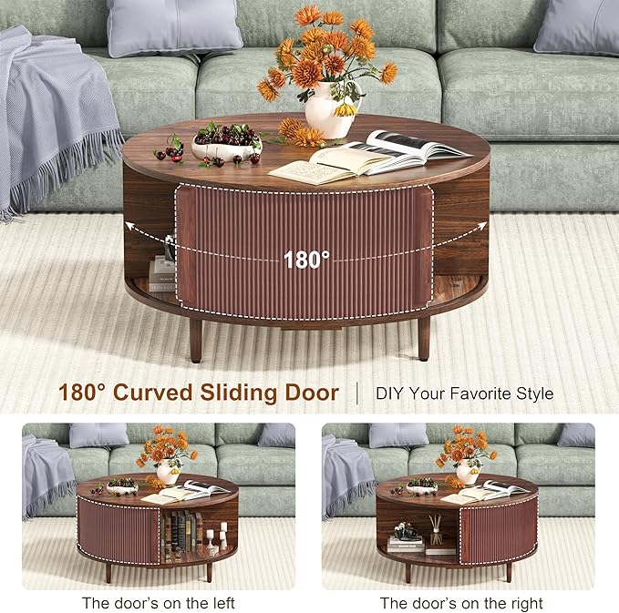 Round Coffee Table, 31.5" Fluted Center Table with Storage, Lift-Top Coffee Table with Adjustable Footpads, Sliding Door, Mid-Century Modern Center Table for Living Room, Small Space, (Walnut)