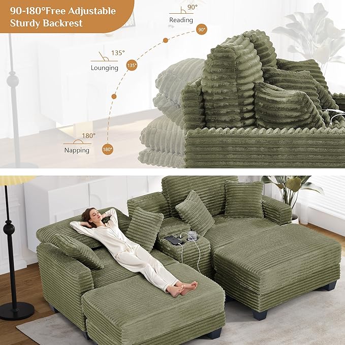 Oversized Chaise Lounge Chair Indoor with Storage & USB, Cup Holder & Ottoman, Firm Solid Wood Frame with Long Service Life Corduroy Oversized Lounge Reading Chair for Large Study Room - Olive Green