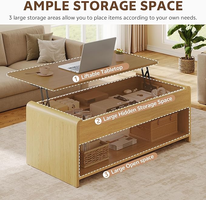 Lift Top Coffee Table, 35'' Multi-Function Coffee Table with Hidden Compartment & Open Shelf, Curved Profile Design, Converts to Home Office Table, Dining Table for Living Room, Natural