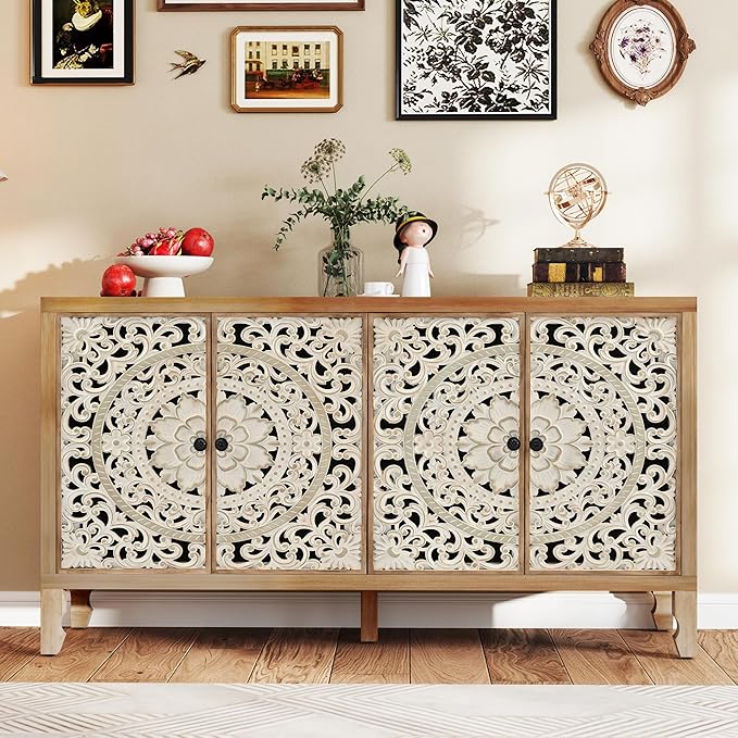 Buffet Cabinet with Storage, Accent Cabinet with 4 Carved Doors, Solid Wood Sideboard with Adjustable Shelf, Vintage Cabinets for Kitchen, Living Room, Entryway, White&Natural