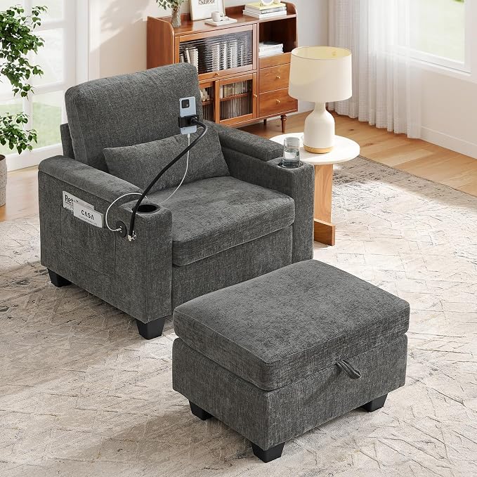 Small Chaise Lounge Chair Indoor with Ottoman&Adjustable Backrest,Chenille Tufted Recliner Comfy Sofa Chair with USB,Phone Holder&Storage Arms,Convertible Sleeper Couch Bed for Living Room(37"W,Grey)
